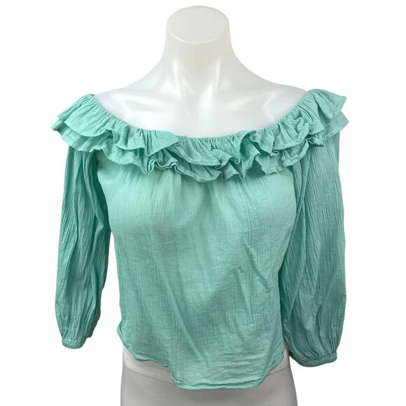 Zara Green Ruffle Tiered Off The Shoulder 3/4 Sleeve Crop Blouse Top Size S - Picture 1 of 4